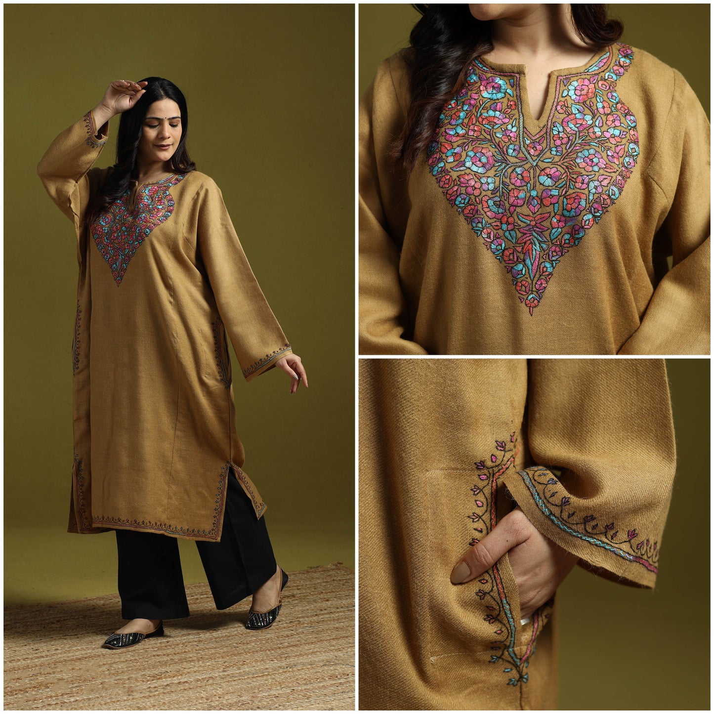 Beige - sozni hand embroidery kashmiri merino wool pheran