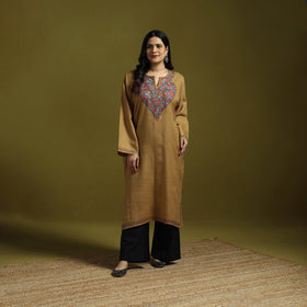 Beige - sozni hand embroidery kashmiri merino wool pheran