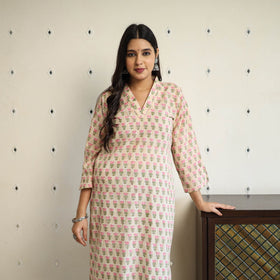  Beige Straight Cotton Block Print Sanganeri Kurta