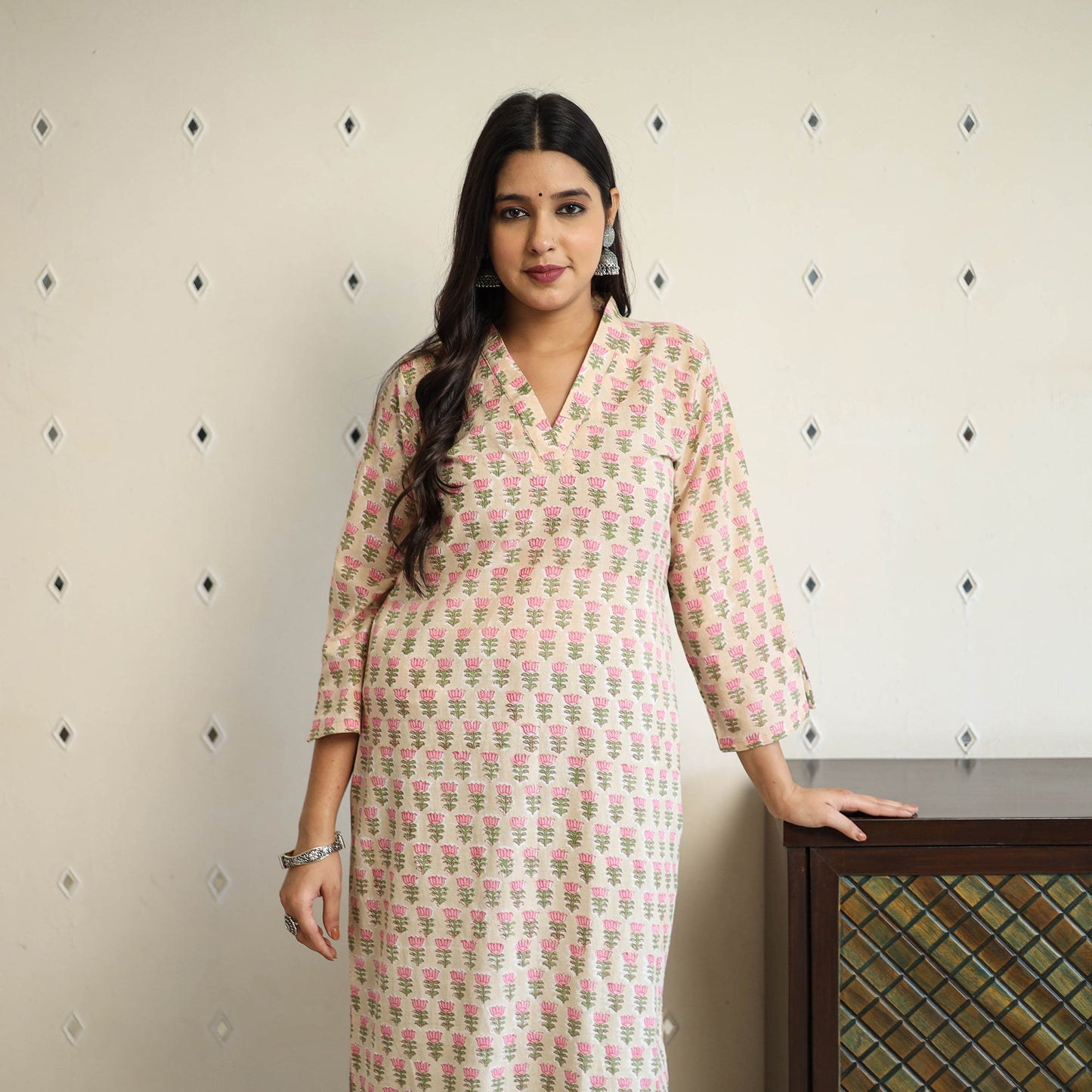  Beige Straight Cotton Block Print Sanganeri Kurta