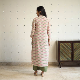  Beige Straight Cotton Block Print Sanganeri Kurta