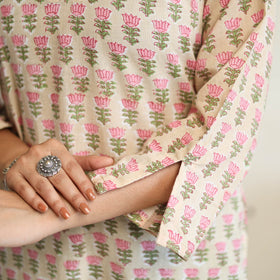  Beige Straight Cotton Block Print Sanganeri Kurta