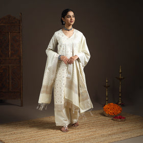 Beige - tanchoi silk cotton banarasi kurta set for women