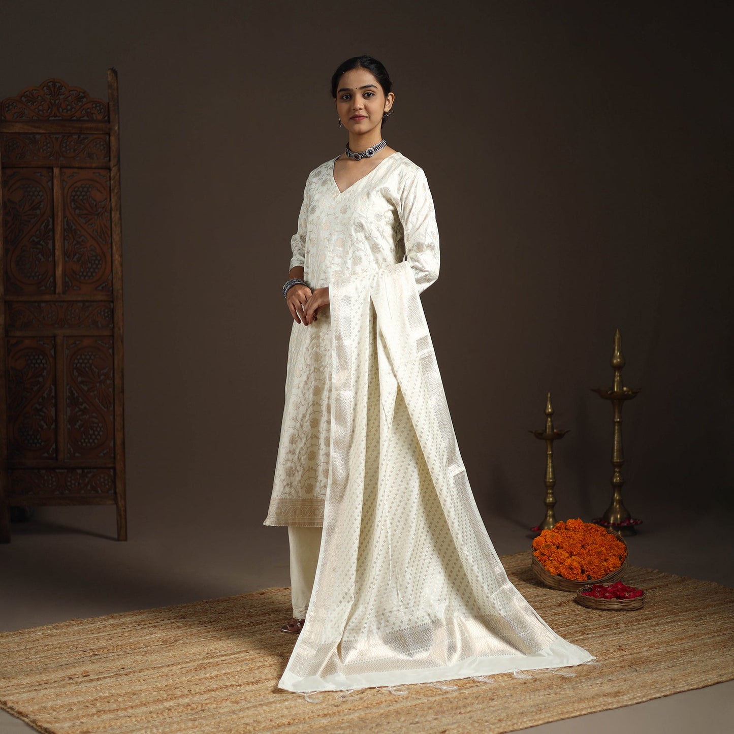 Beige - tanchoi silk cotton banarasi kurta set for women