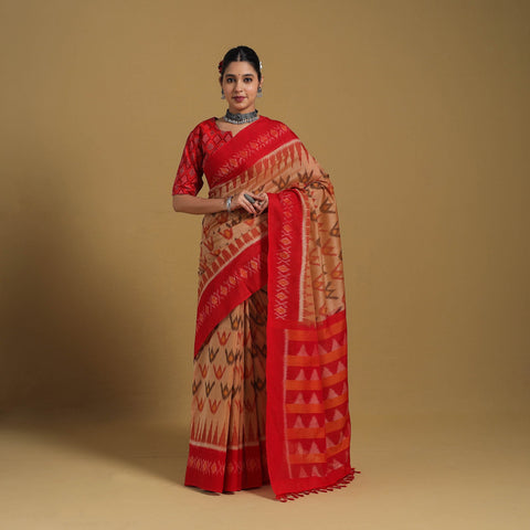 Beige Telia Rumal Handloom Cotton Pochampally Double Ikat Saree