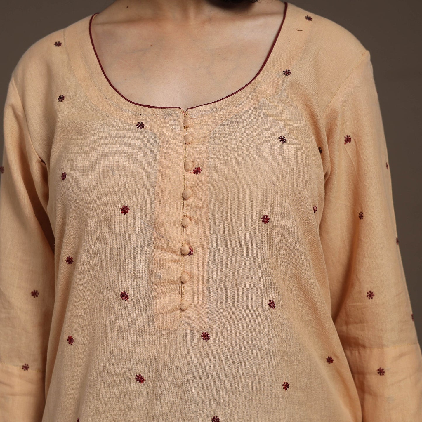 Beige Thread Buti Work Cotton Plain Kurta Set (Set of 2)