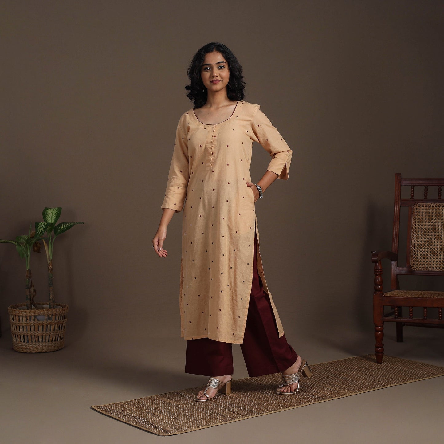 Beige Thread Buti Work Cotton Plain Kurta Set (Set of 2)