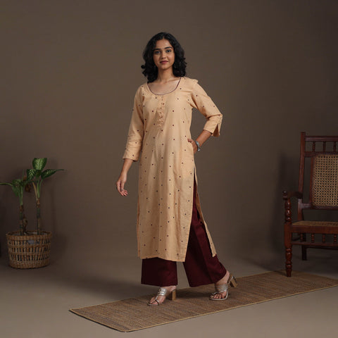 Beige Thread Buti Work Cotton Plain Kurta Set (Set of 2)