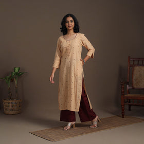 Beige Thread Buti Work Cotton Plain Kurta Set (Set of 2)