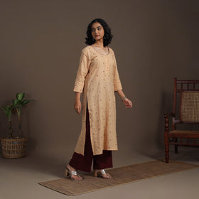 Beige Thread Buti Work Cotton Plain Kurta Set (Set of 2)