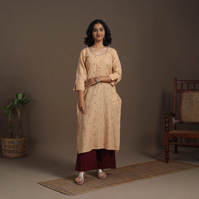 Beige Thread Buti Work Cotton Plain Kurta Set (Set of 2)