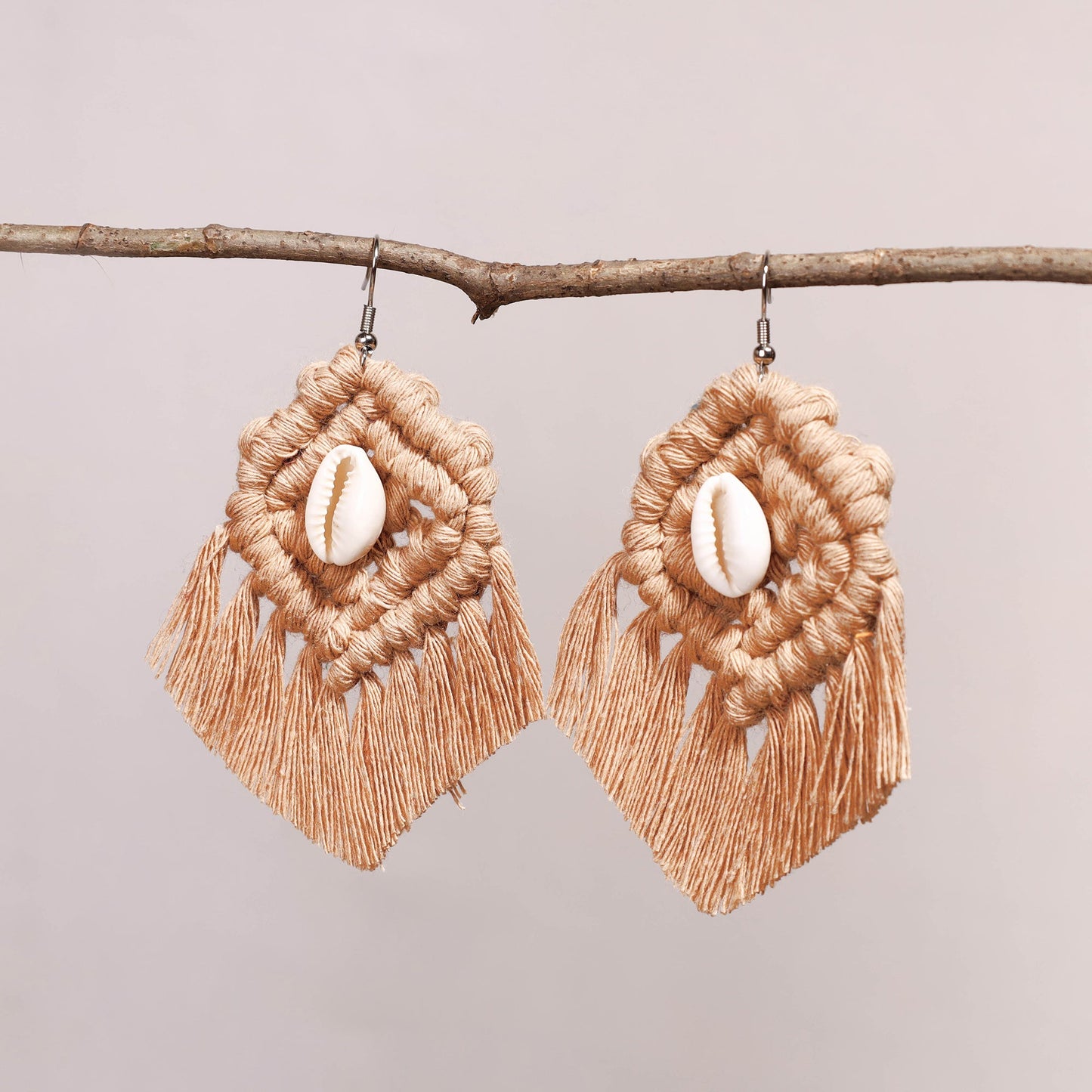  Thread & Seashell Work Handmade Macrame Earrings 