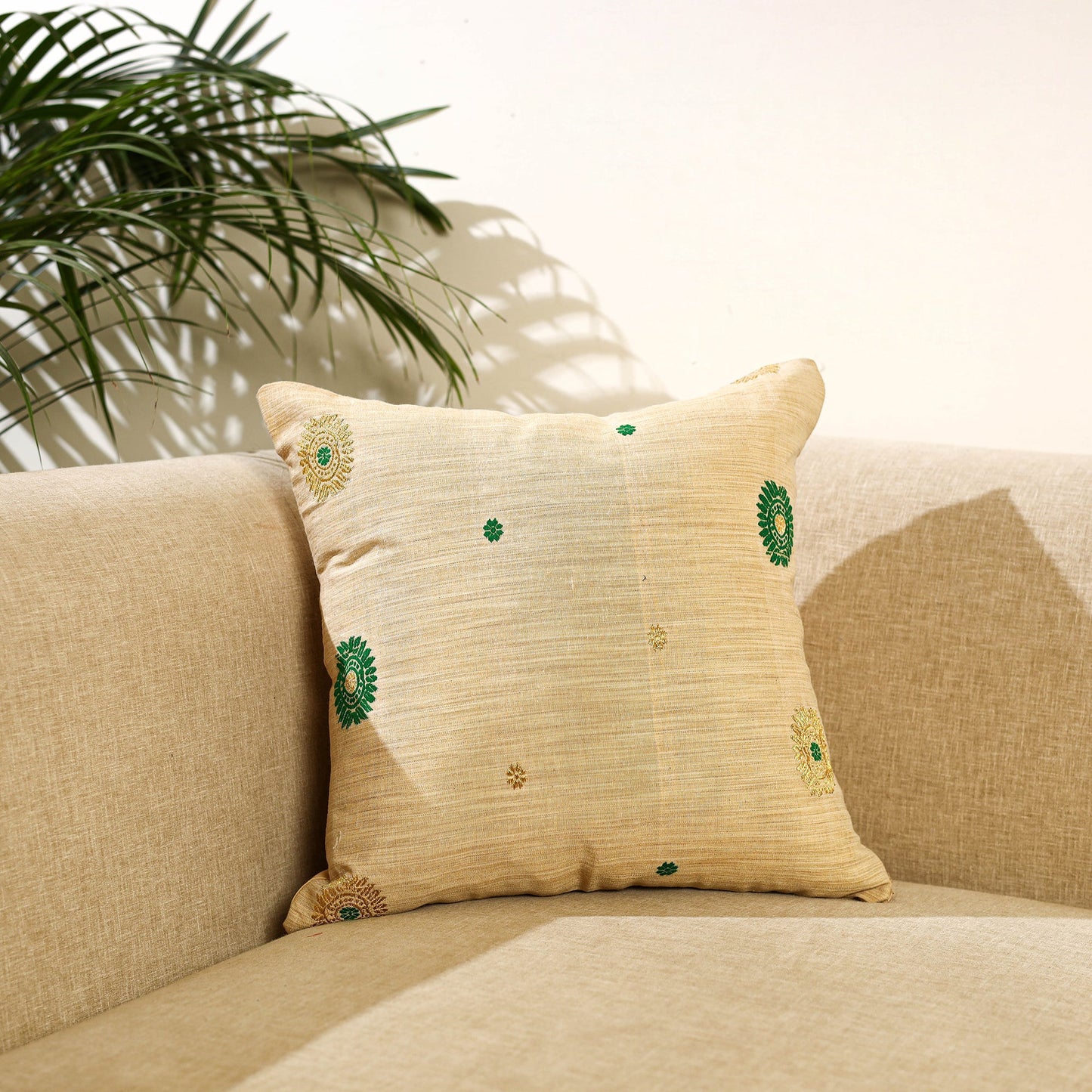 Buy Thread & Zari Work Cotton Beige Cushion Cover