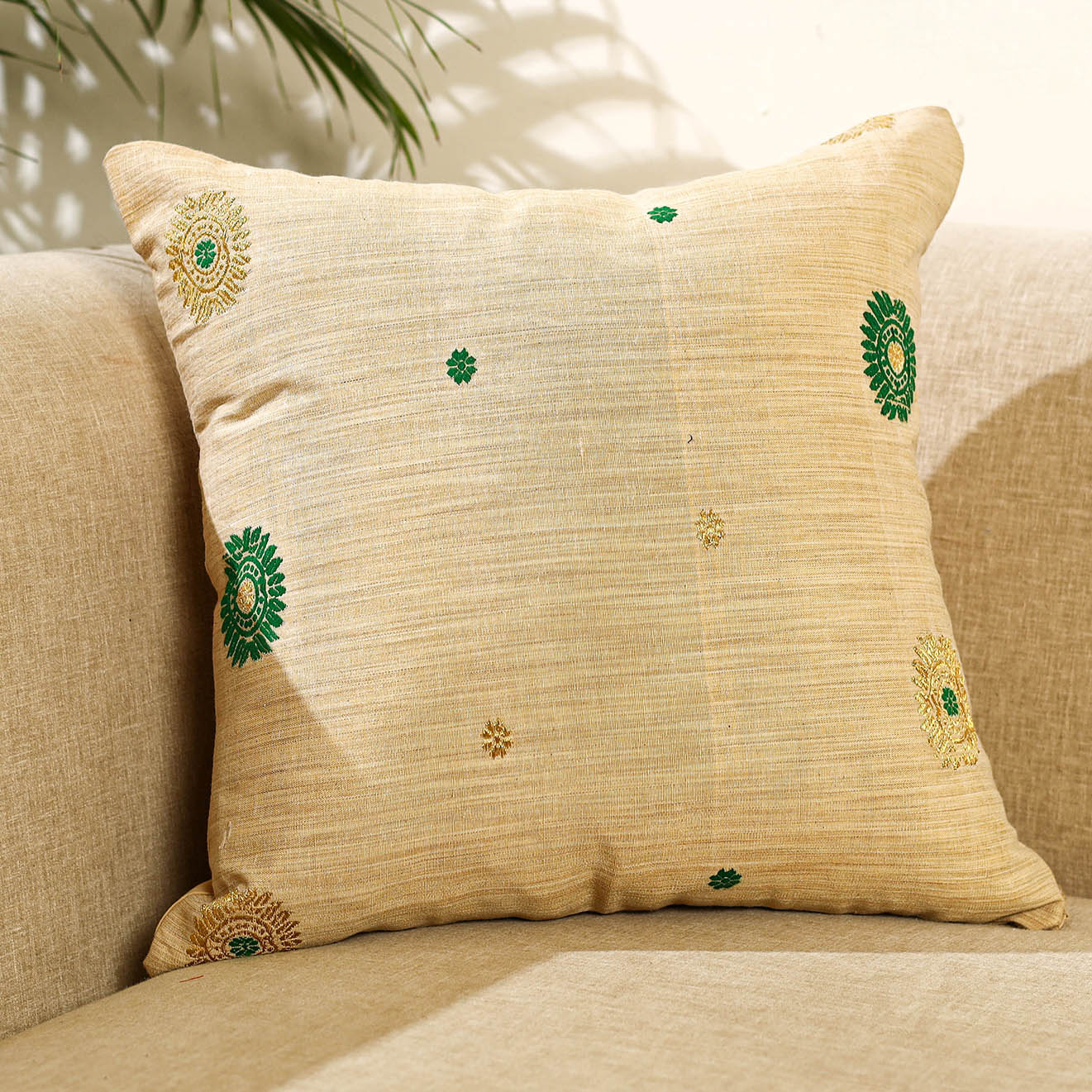 Buy Thread & Zari Work Cotton Beige Cushion Cover