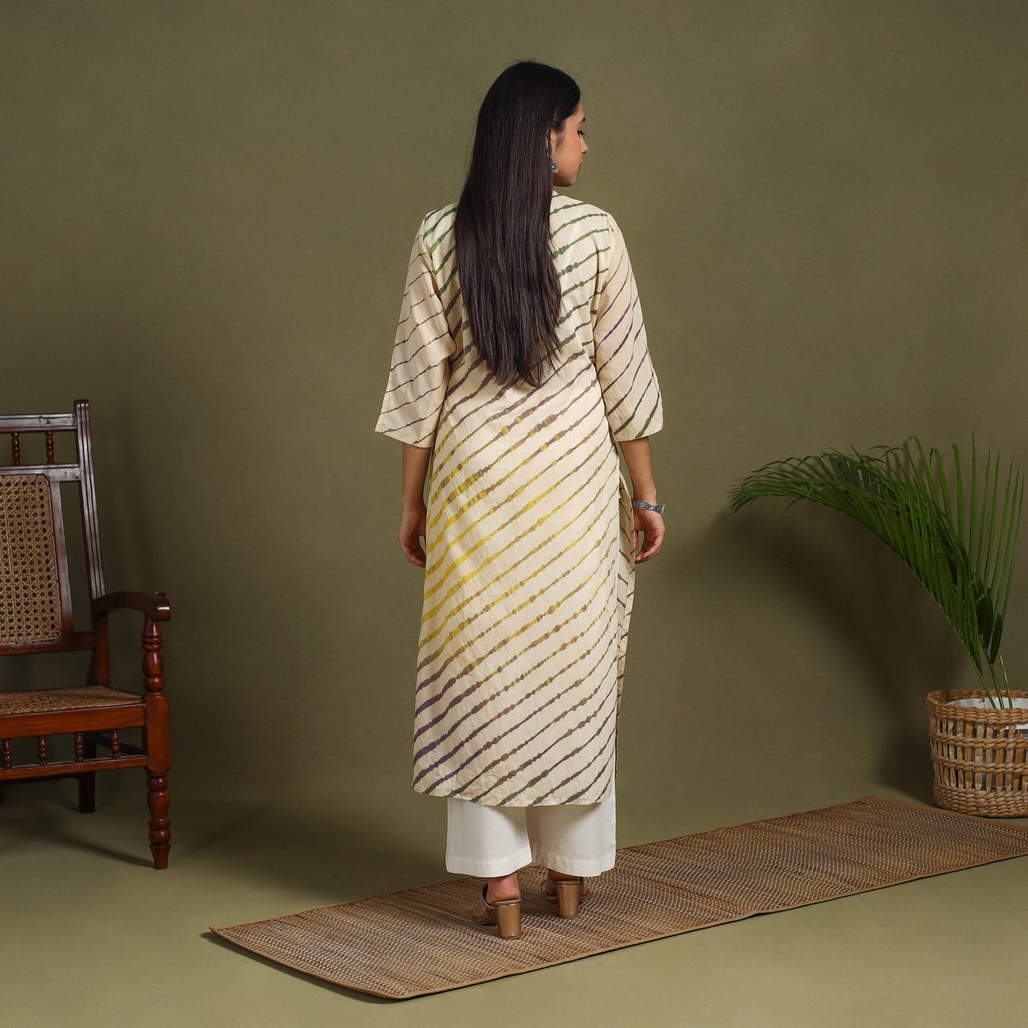 Beige  Tie-Dye Cotton Straight Leheriya Kurta