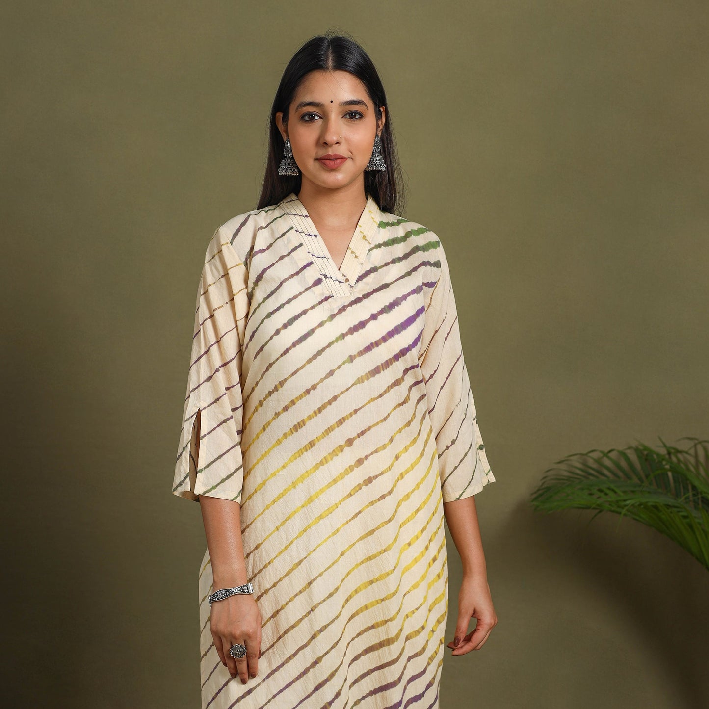 Beige  Tie-Dye Cotton Straight Leheriya Kurta