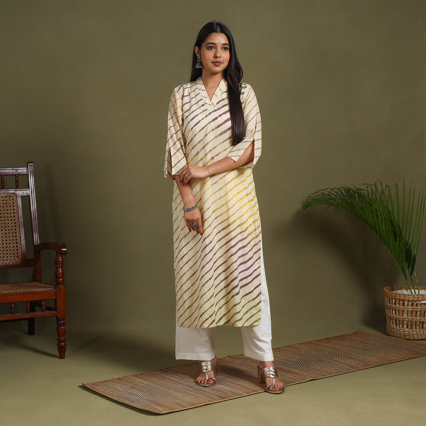 Beige  Tie-Dye Cotton Straight Leheriya Kurta
