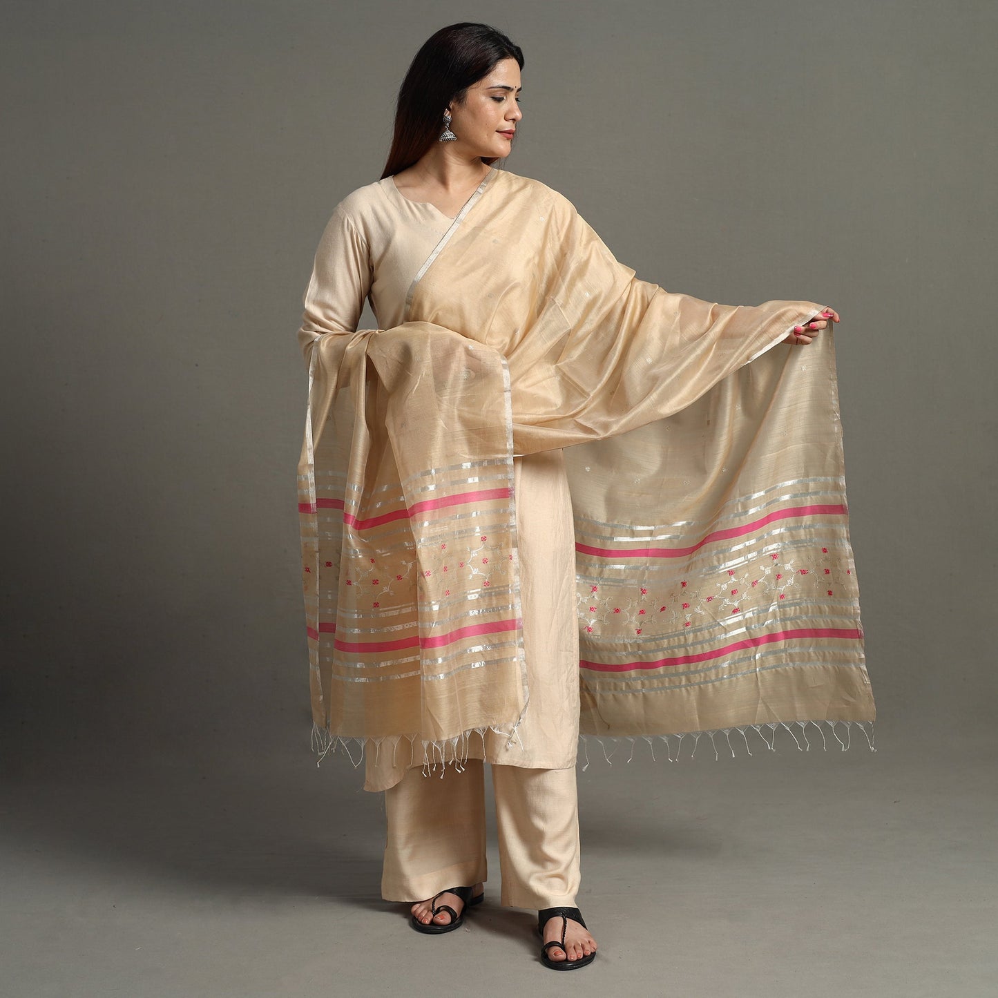 Beige - Traditional Chanderi Silk Handloom Zari Buti Dupatta with Tassels 27