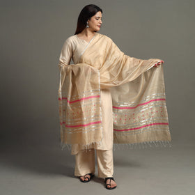 Beige - Traditional Chanderi Silk Handloom Zari Buti Dupatta with Tassels 27