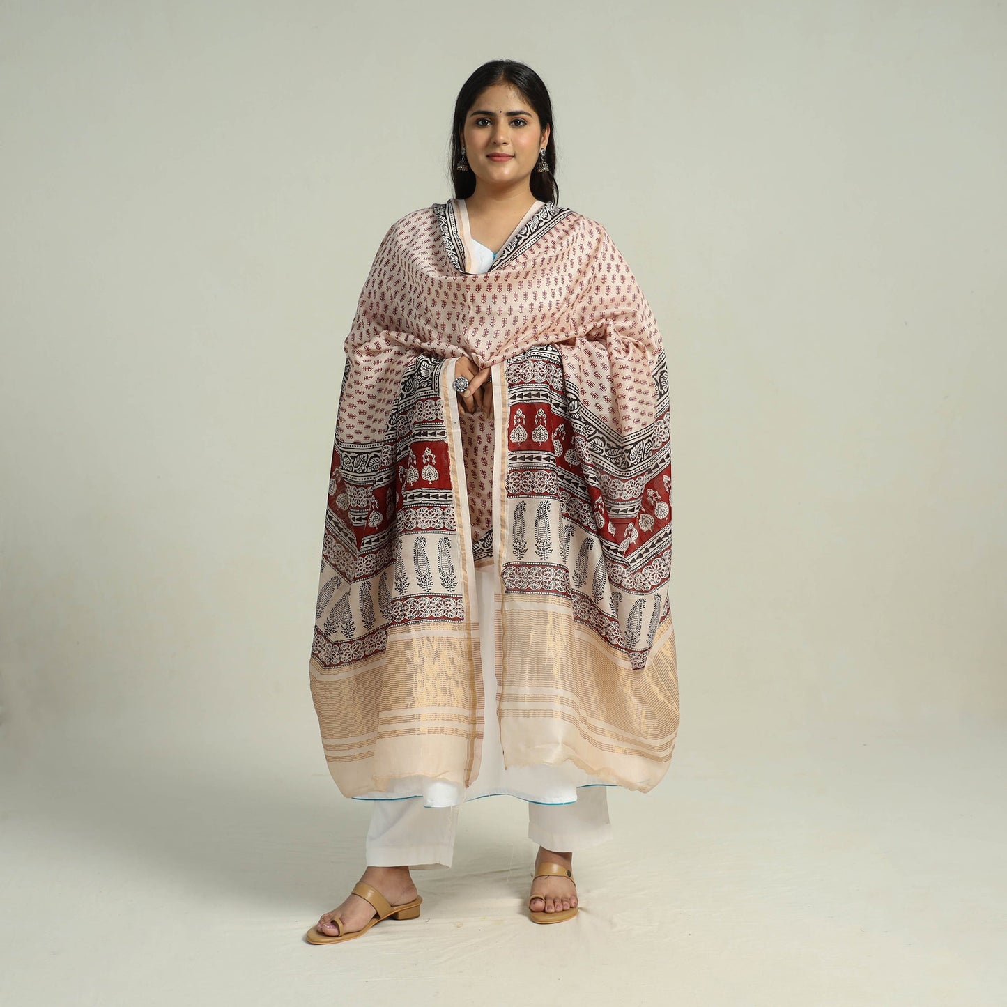 Beige - traditional maheshwari silk bagh dupatta 30