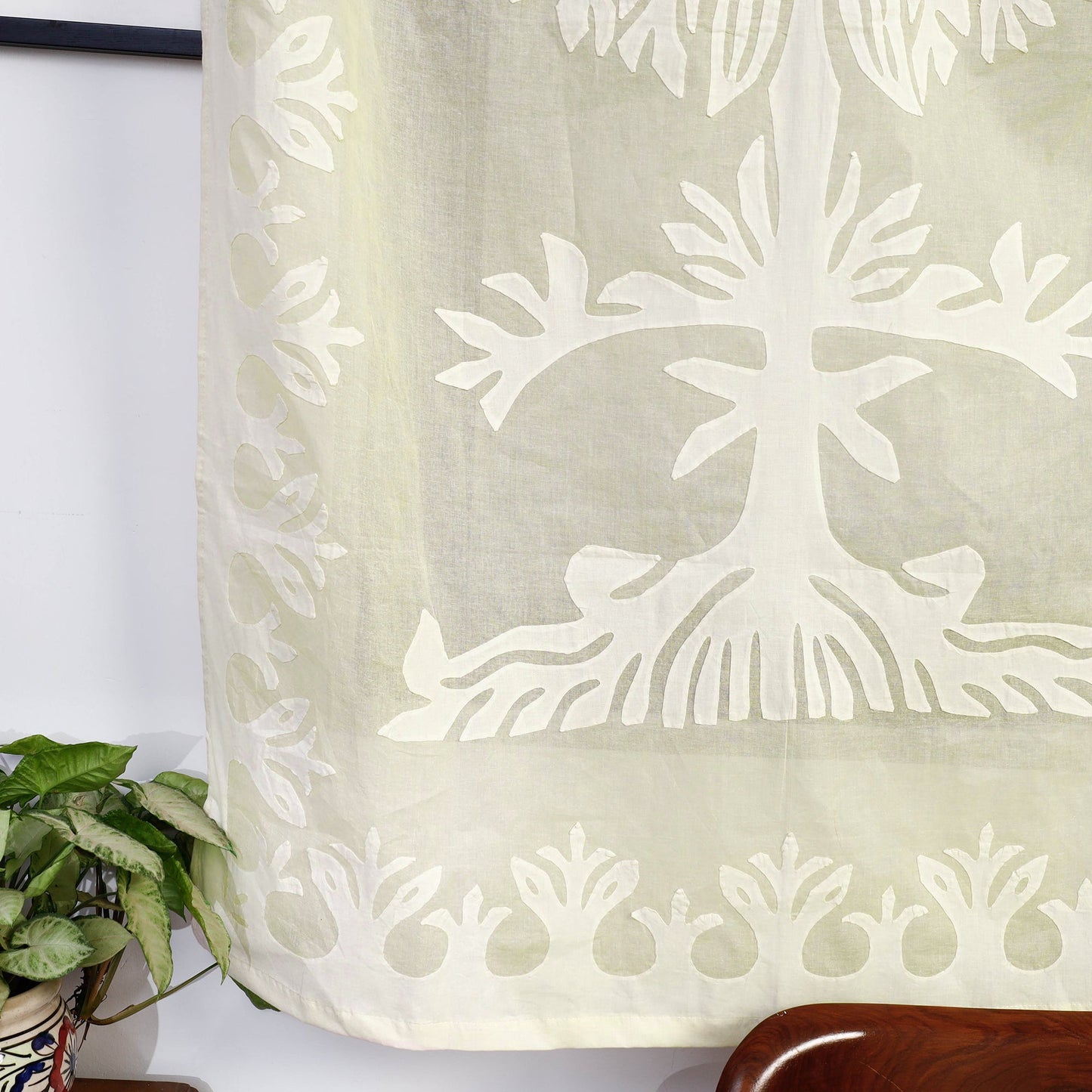 Beige - tree cutwork cotton barmer applique window curtain
