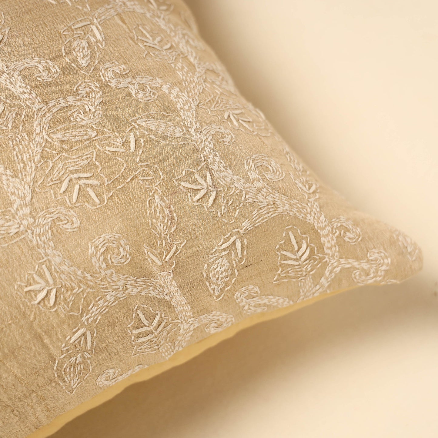  Beige Tussar Silk Bengal Kantha Work Cushion Cover