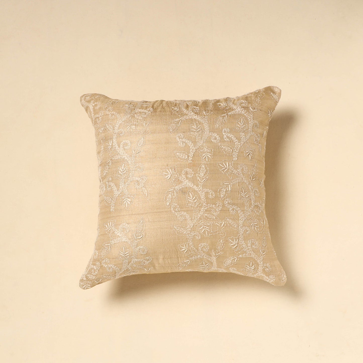  Beige Tussar Silk Bengal Kantha Work Cushion Cover