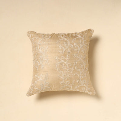  Beige Tussar Silk Bengal Kantha Work Cushion Cover