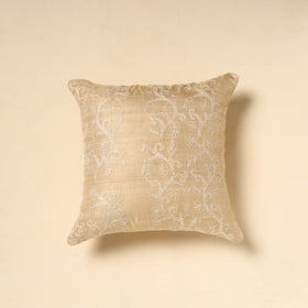  Beige Tussar Silk Bengal Kantha Work Cushion Cover