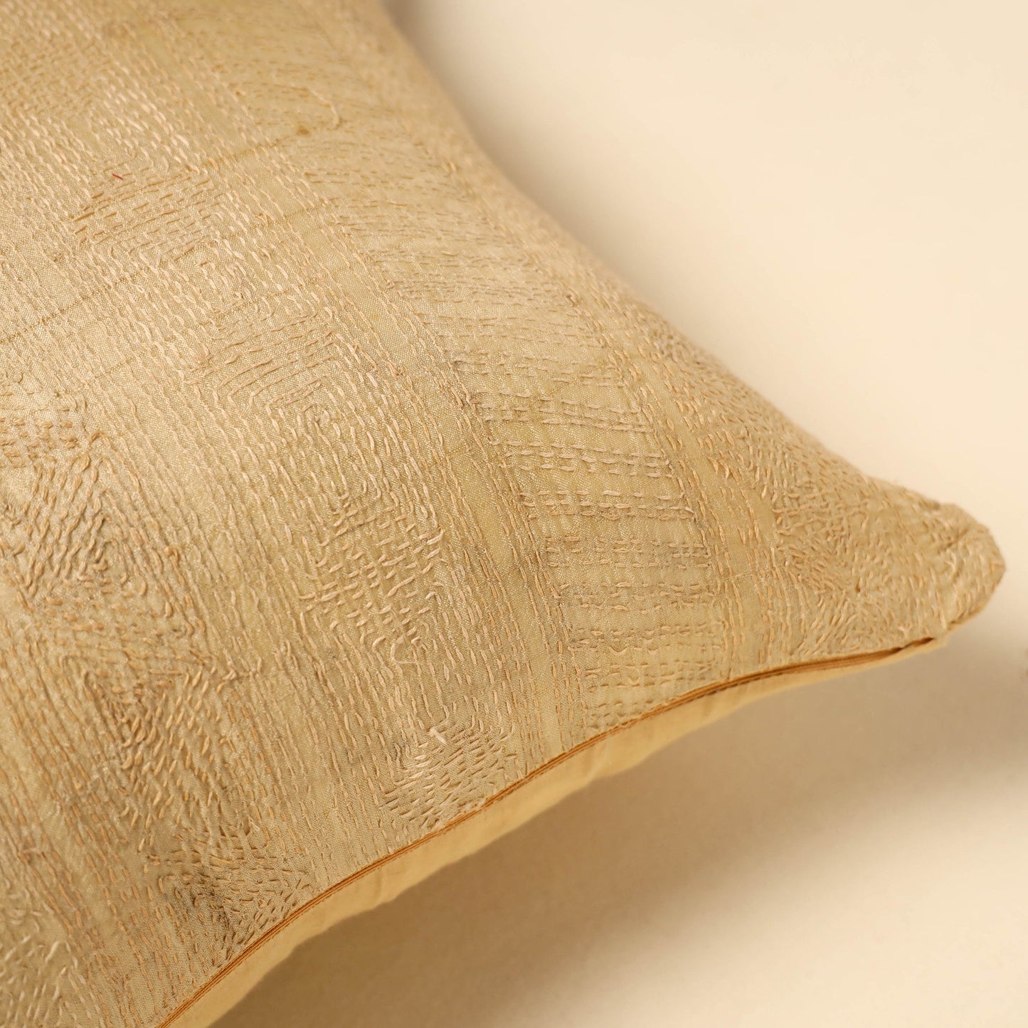 Buy Beige Tussar Silk Bengal Kantha Work Cushion Cover