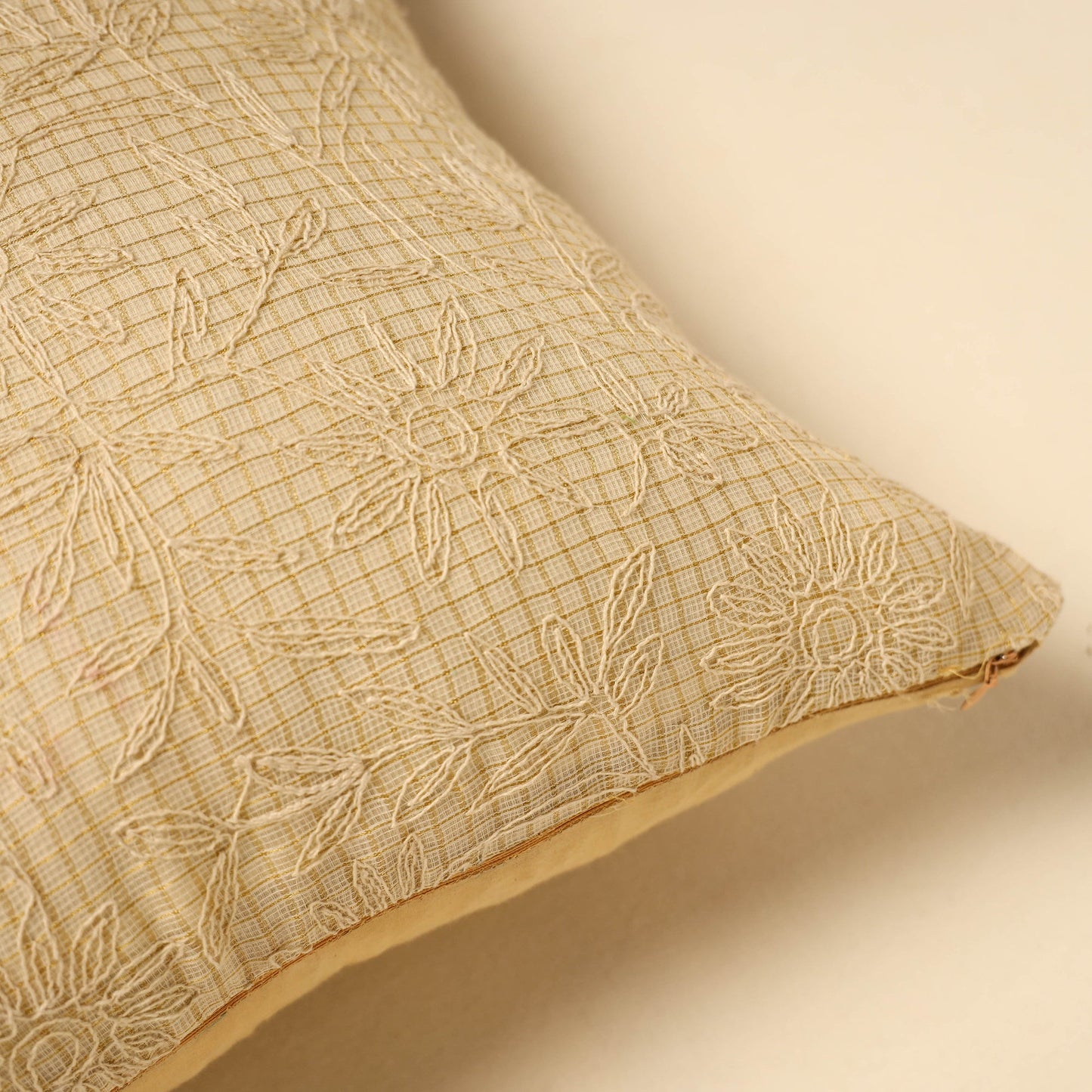 Buy Beige Tussar Silk Bengal Kantha Work Cushion Cover