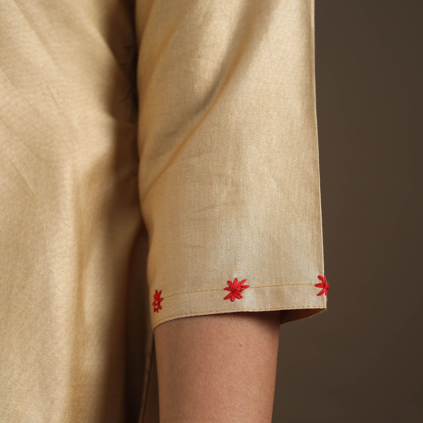 Beige - tussar silk cotton kurta with fine hand embroidery