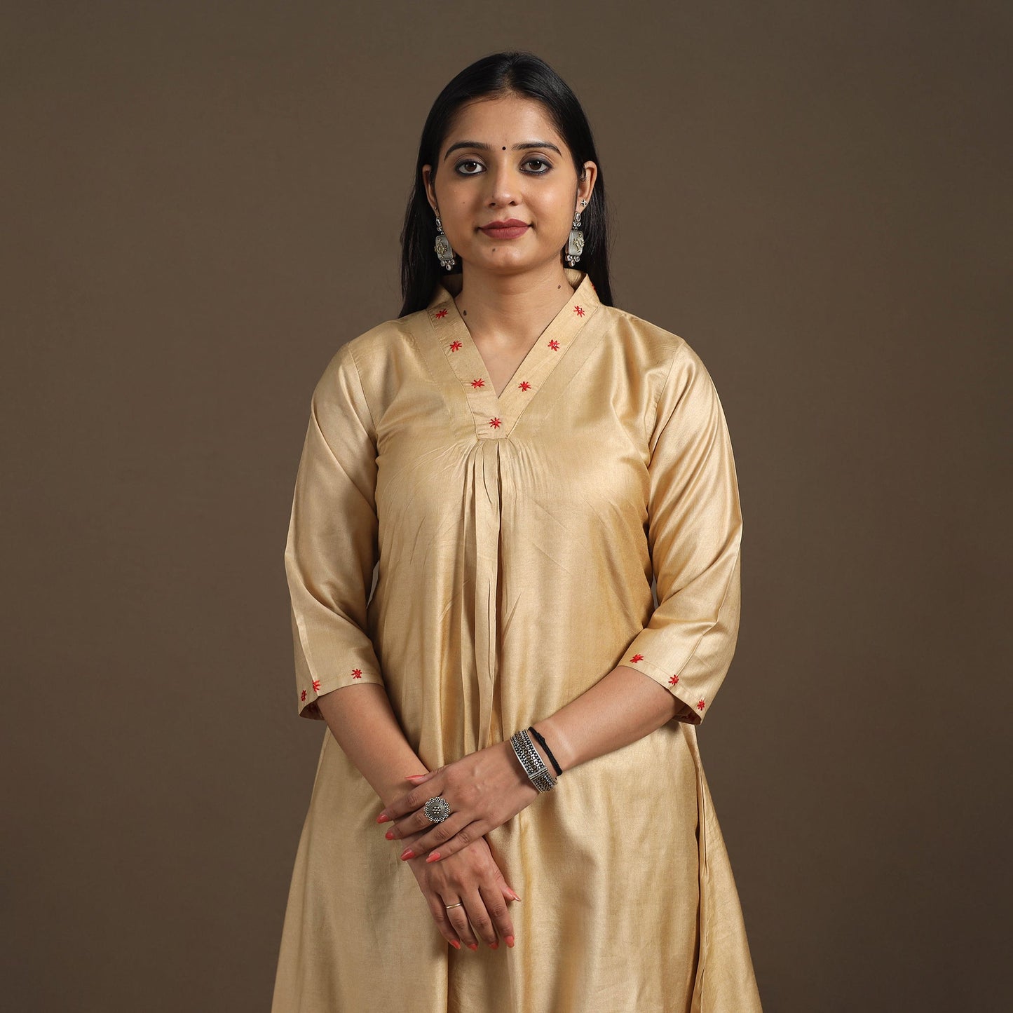 Beige - tussar silk cotton kurta with fine hand embroidery