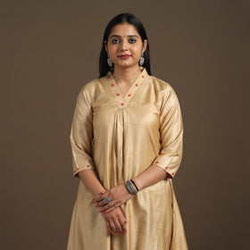 Beige - tussar silk cotton kurta with fine hand embroidery