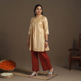 Beige - tussar silk cotton kurta with fine hand embroidery