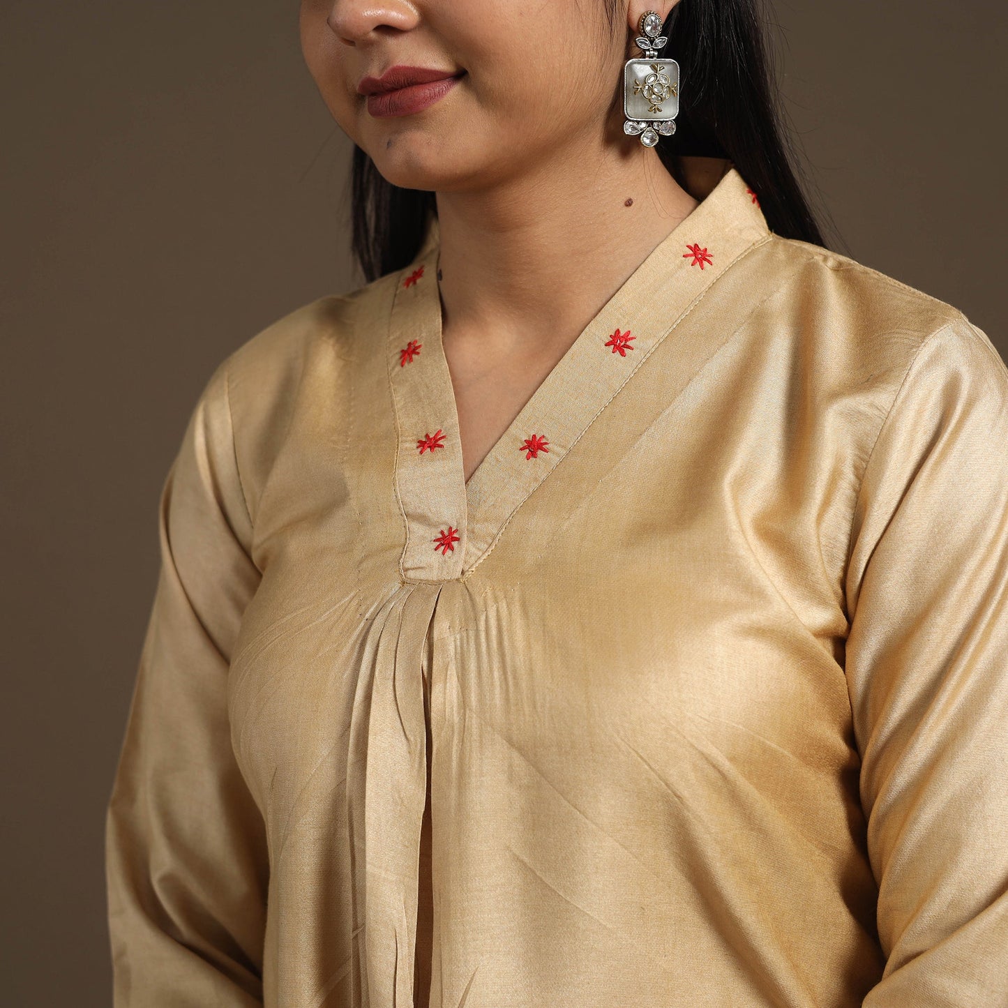 Beige - tussar silk cotton kurta with fine hand embroidery