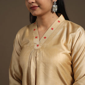 Beige - tussar silk cotton kurta with fine hand embroidery