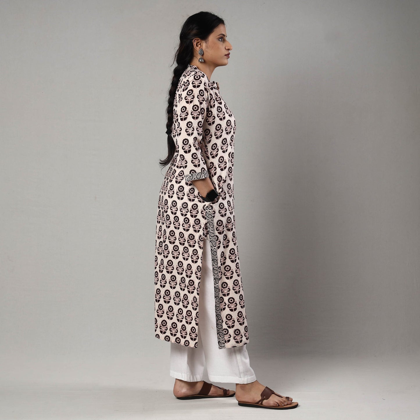 Beige - white & black - bagh printing cotton long straight