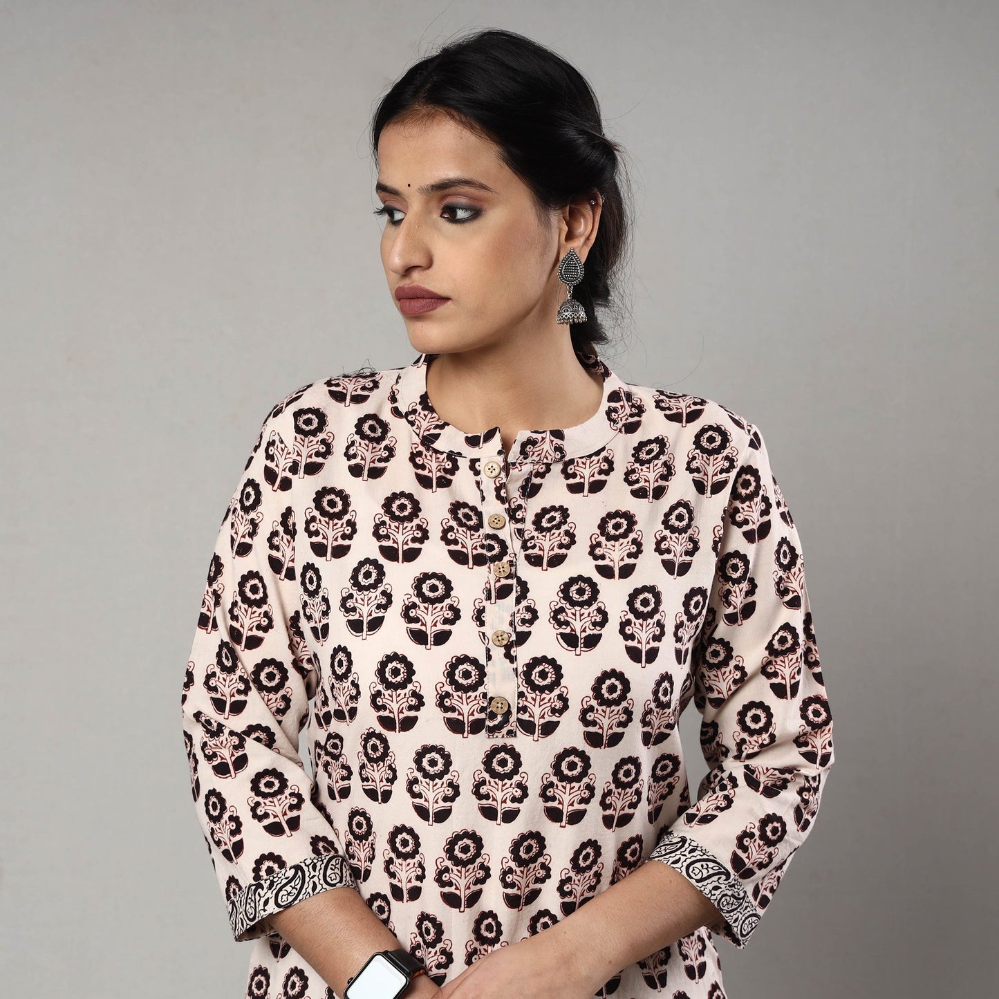 Beige - white & black - bagh printing cotton long straight