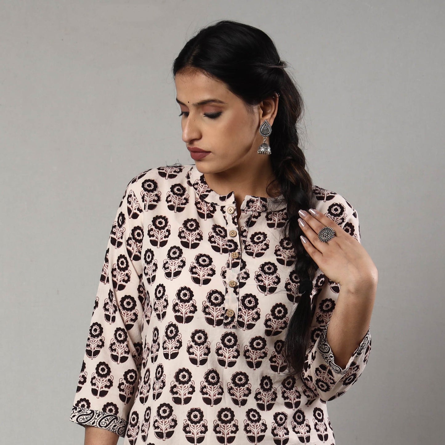 Beige - white & black - bagh printing cotton long straight