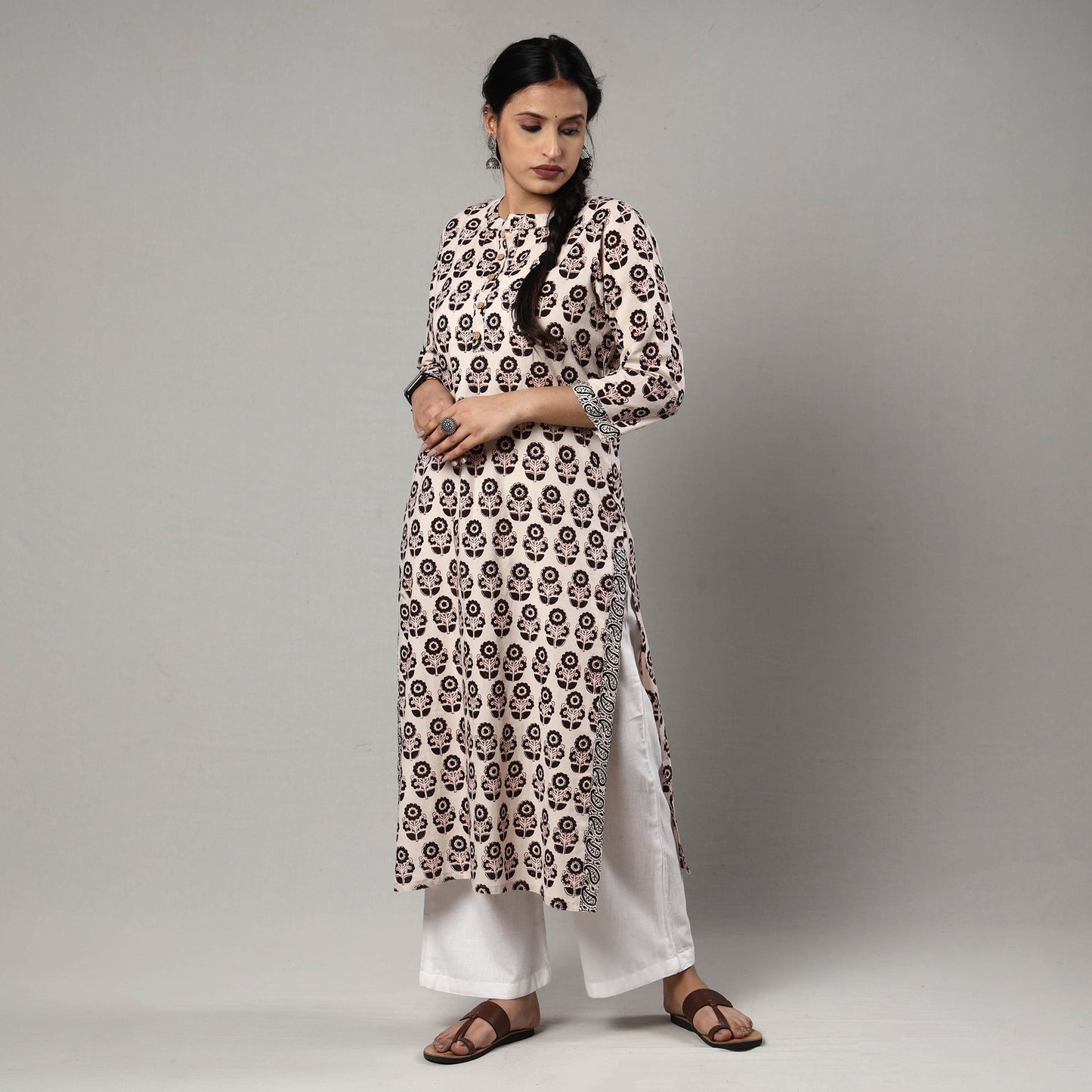 Beige - white & black - bagh printing cotton long straight