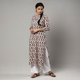 Beige - white & black - bagh printing cotton long straight