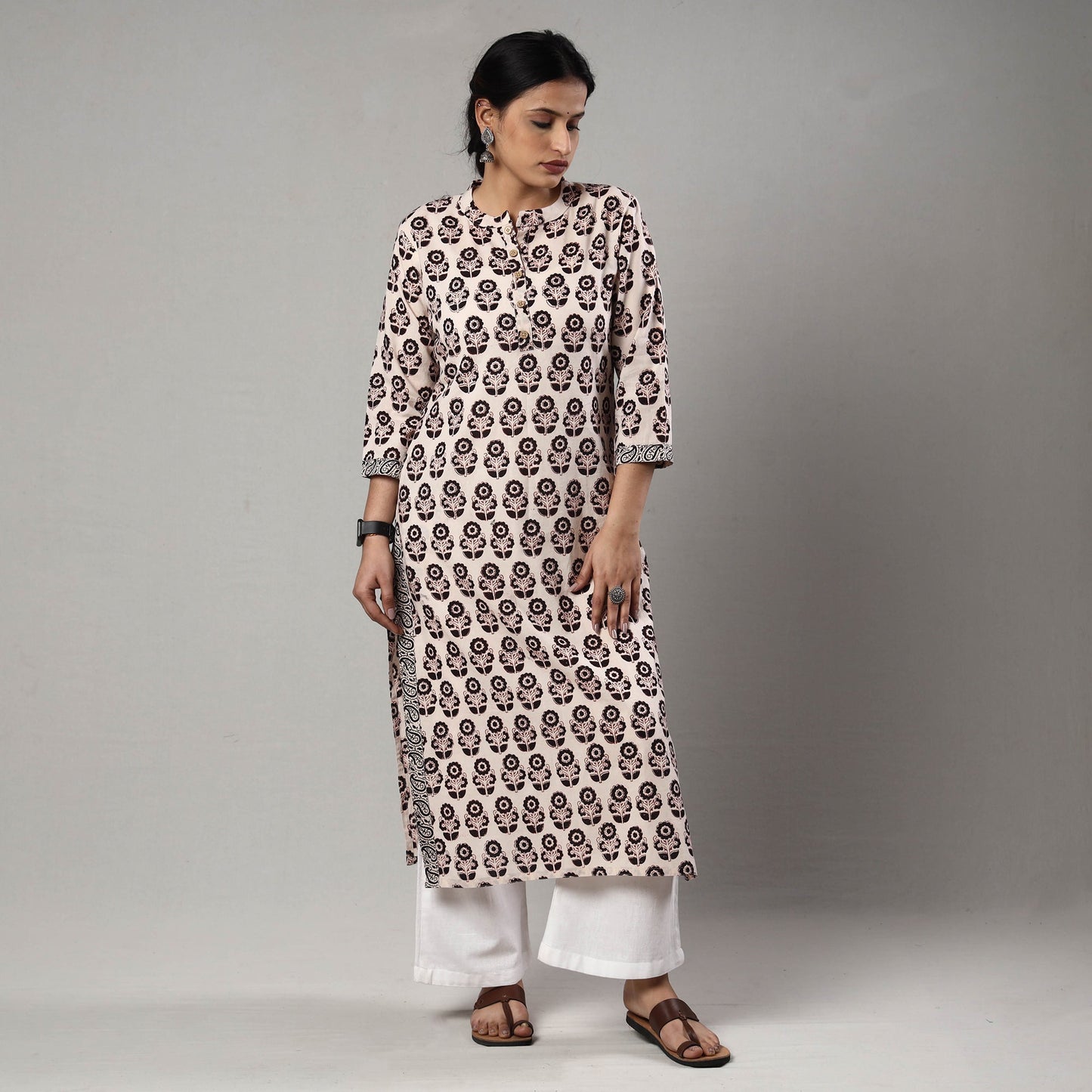 Beige - white & black - bagh printing cotton long straight