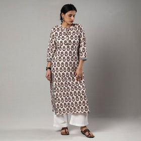 Beige - white & black - bagh printing cotton long straight