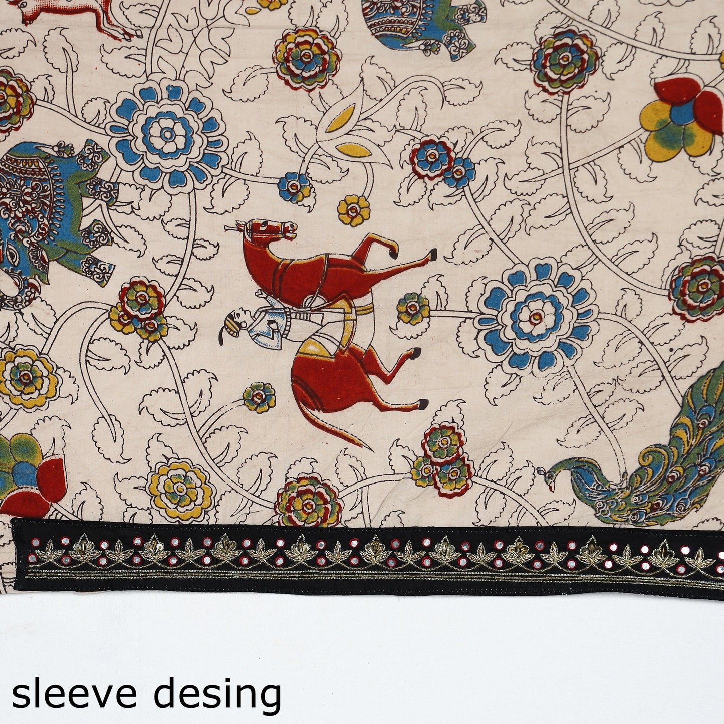 Beige - Zardozi Hand Embroidered Kalamkari Cotton Blouse Piece 06