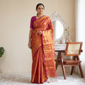Red Bengal Fine Tissue Zari Saree, draped and worn by a woman, AI visual of the saree, iTokri