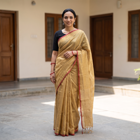 Yellow Bengal Fine Tissue Zari Saree, draped and worn by a woman, AI visual of the saree, iTokri
