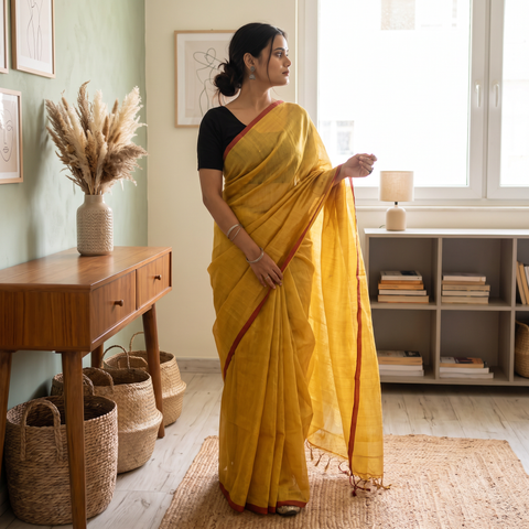 Yellow Bengal Fine Tissue Zari Saree, draped and worn by a woman, AI visual of the saree, iTokri