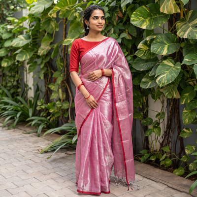 Pink Bengal Fine Tissue Zari Saree, draped and worn by a woman, AI visual of the saree, iTokri