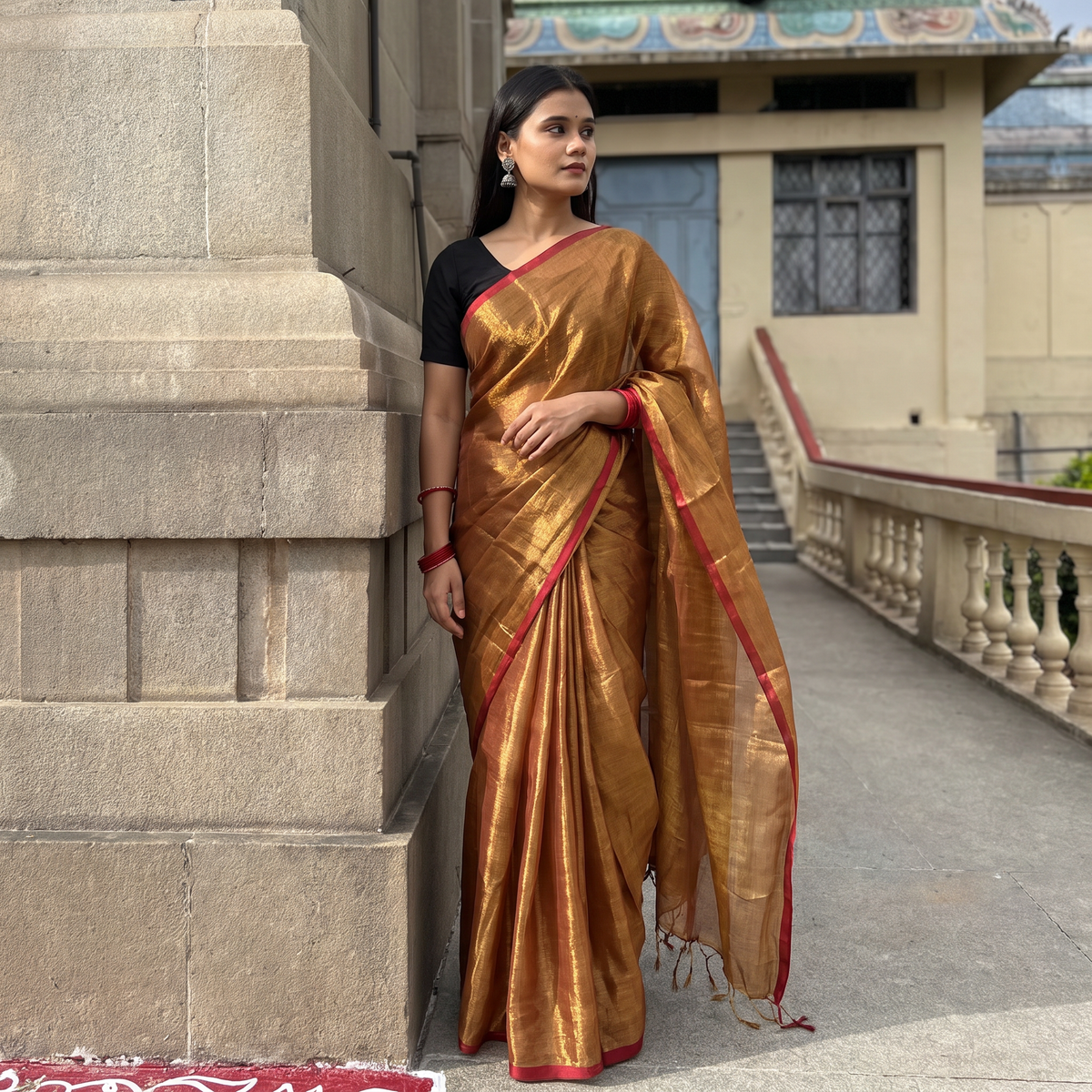 Brown Bengal Fine Tissue Zari Saree, draped and worn by a woman, AI visual of the saree, iTokri